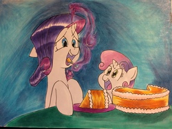 Size: 3264x2448 | Tagged: safe, artist:tofutiles, rarity, sweetie belle, pony, unicorn, g4, cake, cooking, eating, female, food, happy, high res, magic, siblings, sisters, sweetie belle can't cook, sweetie fail, traditional art