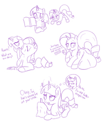 Size: 2953x3346 | Tagged: safe, artist:augustbebel, rarity, twilight sparkle, alicorn, pony, g4, absorption, belly, body sharing, butt, dialogue, digestion, digestion without weight gain, featureless crotch, female, fetish, fusion, high res, lesbian, monochrome, plot, preylight, race swap, raricorn, raripred, ship:rarilight, shipping, stuffed belly, twilight sparkle (alicorn), vore, vore fusion