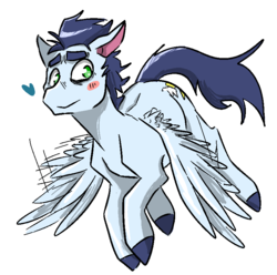 Size: 800x792 | Tagged: safe, artist:cleppyclep, soarin', pegasus, pony, g4, blushing, flying, heart, male, old cutie mark, simple background, solo, stallion, transparent background