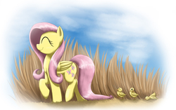 Size: 4201x2634 | Tagged: safe, artist:otakuap, fluttershy, duck, g4, duckling, eyes closed, female, happy, raised hoof, smiling, solo, walking