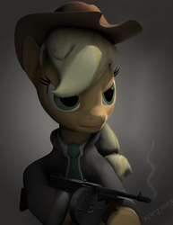 Size: 819x1062 | Tagged: safe, artist:fancyhoof, applejack, g4, 3d, clothes, female, gun, mafia applejack, necktie, photoshop, solo, source filmmaker, submachinegun, tommy gun, weapon