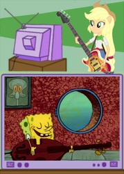 Size: 1236x1730 | Tagged: safe, applejack, equestria girls, g4, cello, exploitable meme, guitar, male, meme, musical instrument, naughty nautical neighbors, spongebob squarepants, spongebob squarepants (character), tv meme