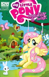 Size: 900x1402 | Tagged: safe, artist:marybellamy, idw, angel bunny, fluttershy, butterfly, pony, rabbit, g4, spoiler:comic, animal, comic, cover, female, flower, flower in hair, flower in tail, fluttershy's cottage, idw advertisement, solo, swing, tail