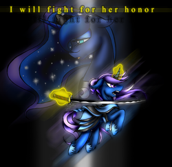 Size: 800x781 | Tagged: safe, artist:empressofsakura, princess luna, oc, oc:azure night, g4, azuna, canon x oc, katana, sword, weapon