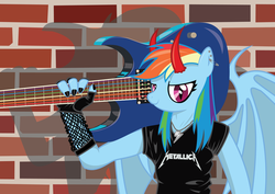 Size: 2526x1785 | Tagged: safe, artist:varijani, rainbow dash, anthro, g4, female, guitar, heavy metal, metal, metallica, nail polish, solo, thrash metal