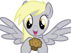 Size: 1024x768 | Tagged: safe, artist:birdivizer, derpy hooves, pegasus, pony, g4, cute, derpabetes, female, happy, mare, muffin, smiling, solo, spread wings, wings