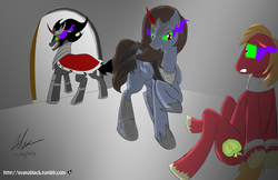 Size: 1024x663 | Tagged: safe, artist:evanzblack, big macintosh, king sombra, oc, earth pony, pony, g4, canon x oc, male, stallion