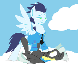 Size: 1280x1100 | Tagged: safe, artist:hoverrover, soarin', thunderlane, pegasus, pony, g4, clothes, cloud, cloudy, eye contact, gay, hooves, legs in air, lineless, lying, lying down, male, on back, shipping, sky, smiling, soarilane, spread wings, stallion, standing, wings, wonderbolt trainee uniform, wonderbolts dress uniform