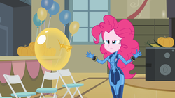 Size: 1920x1080 | Tagged: safe, artist:varemia, edit, edited screencap, screencap, pinkie pie, equestria girls, g4, balloon, female, metroid, samus aran, solo, zero suit