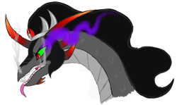 Size: 1232x732 | Tagged: safe, artist:tambelon, king sombra, dragon, g4, bust, dragonified, glare, male, open mouth, portrait, profile, sharp teeth, simple background, smoke, solo, sombradragon, species swap, tongue out, transparent background, vector, watermark