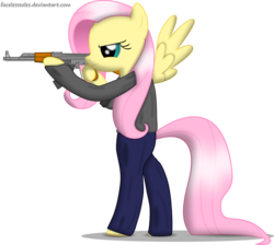 Size: 2687x2408 | Tagged: safe, artist:facelesssoles, fluttershy, pony, g4, ak-47, bipedal, female, gun, high res, rifle, solo