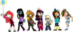 Size: 1280x562 | Tagged: safe, artist:mushroomcookiebear, applejack, fluttershy, pinkie pie, rainbow dash, rarity, spike, twilight sparkle, human, g4, balloon, dark skin, diversity, humanized, mane seven, mane six, natural hair color, twilight sparkle (alicorn)