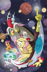 Size: 787x1194 | Tagged: safe, artist:brenda hickey, idw, apple bloom, discord, fluttershy, scootaloo, sweetie belle, g4, bowtie, cover, cutie mark crusaders, doctor who, eleventh doctor, fez, hat, idw advertisement, peter pan