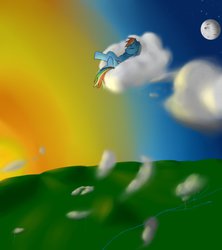 Size: 843x948 | Tagged: safe, artist:deviousfate, rainbow dash, g4, cloud, cloudy, female, lighting, moon, relaxing, sky, sleeping, solo, sun