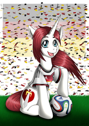 Size: 1500x2122 | Tagged: safe, artist:evil-rick, oc, oc:lauren sharp, pony, unicorn, football, germany, horn, looking at you, pixiv, ponified, sitting, solo, unicorn oc, world cup