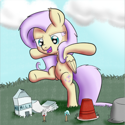 Size: 836x833 | Tagged: safe, artist:schizophrenicghost, fluttershy, pegasus, pony, g4, belly button, bipedal, cute, female, flutterzilla, godzilla (series), milk carton, pure unfiltered evil, solo, stomping, underhoof