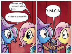 Size: 873x659 | Tagged: safe, idw, fluttershy, trixie, g4, spoiler:comic, comic, exploitable, police officer, song reference, trixieshy interrupted, village people, ymca