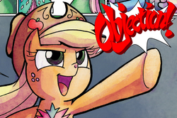 Size: 872x578 | Tagged: safe, edit, applejack, friendship is magic #21, g4, spoiler:comic, ace attorney, female, objection, raised hoof, solo