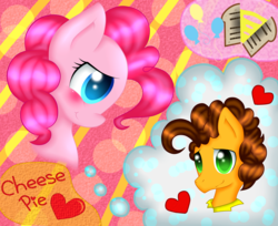 Size: 2444x1991 | Tagged: safe, artist:xxpaulathewolf200xx, cheese sandwich, pinkie pie, g4, blushing, duo, female, heart, male, ship:cheesepie, shipping, smiling, straight, thought bubble