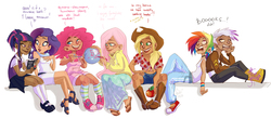 Size: 2317x1020 | Tagged: safe, artist:fukari, applejack, fluttershy, gilda, pinkie pie, rainbow dash, rarity, twilight sparkle, human, g4, apple, balloon, belly button, book, clothes, converse, dark skin, dialogue, drawing, food, front knot midriff, humanized, long skirt, mane six, midriff, overalls, shoes, sitting, skirt, sweatershy, wristband