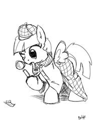 Size: 2480x3219 | Tagged: safe, artist:nasse, twilight sparkle, alicorn, pony, g4, detective, female, high res, magnifying glass, mare, monochrome, pipe, sherlock holmes, sketch, solo, twilight sparkle (alicorn)