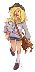 Size: 600x1220 | Tagged: safe, artist:fukari, derpy hooves, human, g4, bag, clothes, hat, human ponidox, humanized, shoes, shorts, shoulder bag, simple background, socks, solo, sweater, white background