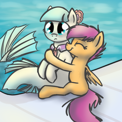 Size: 1000x1000 | Tagged: safe, artist:versimer, coco pommel, scootaloo, merpony, g4, duo, hug, smiling, species swap, swimming pool