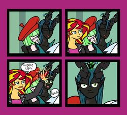 Size: 1338x1208 | Tagged: safe, artist:oneovertwo, drama letter, queen chrysalis, sunset shimmer, watermelody, comic:trixie enemy of, comic:trixie enemy of a rare situation, equestria girls, g4, background human, comic