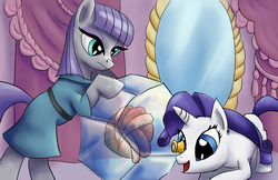 Size: 2500x1618 | Tagged: safe, artist:fox-moonglow, maud pie, rarity, g4, carousel boutique, gem, loupe