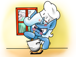 Size: 2048x1536 | Tagged: safe, artist:themrgumball, princess celestia, trixie, princess molestia, g4, chef's hat, cooking, cross-popping veins, hat