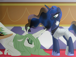Size: 1155x862 | Tagged: safe, artist:faith-wolff, princess luna, alicorn, changeling, changeling queen, kaiju changeling, pony, fanfic:the bridge, g4, bandage, bandaged wing, bowing, changelingified, crossover, duo, ethereal mane, eyes closed, fanfic art, female, frown, godzilla (series), injured, mare, mothra, mothra lea, ponified, starry mane