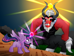 Size: 3000x2250 | Tagged: safe, artist:aleximusprime, lord tirek, twilight sparkle, alicorn, pony, g4, angry, duo, female, glare, high res, mare, super saiyan princess, twilight sparkle (alicorn), twilight vs tirek