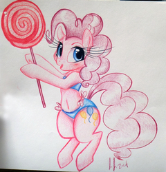 Size: 800x833 | Tagged: dead source, safe, artist:prettypinkpony, pinkie pie, earth pony, pony, g4, belly button, bikini, clothes, cute, diapinkes, female, lollipop, long eyelashes, solo, swimsuit, traditional art