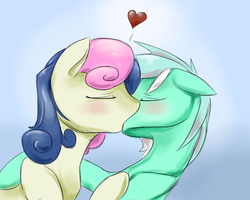 Size: 1000x800 | Tagged: safe, bon bon, lyra heartstrings, sweetie drops, earth pony, pony, unicorn, g4, blushing, duo, female, kiss on the lips, kissing, lesbian, mare, ship:lyrabon, shipping