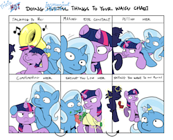 Size: 1600x1300 | Tagged: safe, artist:muffinshire, trixie, twilight sparkle, alicorn, pony, unicorn, :t, anon pony, anonpony, bouquet, covering, doing loving things, eating, eating flower, egophiliac-ish, eyes closed, eyes on the prize, female, flower, frown, glare, herbivore, hilarious in hindsight, horn ring, horses doing horse things, inconvenient trixie, looking at you, magic, mare, meme, musical instrument, prone, puffy cheeks, raised hoof, ring, sitting, smiling, sparkles, style emulation, telekinesis, tuba, twilight sparkle (alicorn), unamused, wide eyes, woonoggles