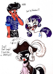 Size: 1189x1639 | Tagged: safe, artist:newyorkx3, rarity, oc, oc:tommy, oc:tommy junior, earth pony, human, pony, unicorn, equestria girls, g4, colt, father, female, foal, hat, laughing, male, mare, non-mlp oc, outfit, self insert, signature, smiling, son, text, traditional art, unamused, wig