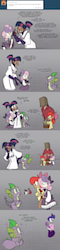 Size: 900x3764 | Tagged: safe, artist:egophiliac, apple bloom, big macintosh, rarity, spike, sweetie belle, twilight sparkle, cyborg, robot, steamquestria, g4, augmentation, body malfunction, comic, female, fist bump, gray background, humanized, male, ship:sparity, shipping, simple background, steampunk, straight, sweetieborg