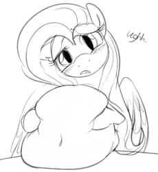 Size: 831x903 | Tagged: safe, artist:dotkwa, fluttershy, belly, belly button, chubby, fat, fattershy, female, grayscale, monochrome, solo, stuffed