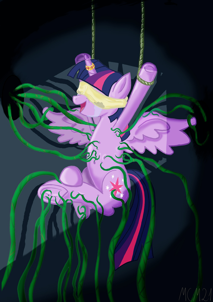 676516 - suggestive, artist:mcm21, twilight sparkle, alicorn, pony, belly  button, blindfold, bondage, female, fetish, hoof tickling, horn ring,  laughing, magic suppression, mare, navel play, open mouth, smiling, solo,  solo female, spread wings,