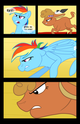 Size: 1000x1548 | Tagged: safe, artist:chubbyjam, little strongheart, rainbow dash, bison, buffalo, pegasus, pony, series:little strongfart, g4, my little pony: friendship is magic, over a barrel, chase, comic, dialogue, female, imminent vore, mare, train