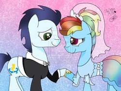 Size: 2048x1536 | Tagged: safe, artist:sapphirearts0123, rainbow dash, soarin', g4, alternate hairstyle, clothes, dress, female, male, ship:soarindash, shipping, straight, suit, wedding