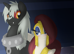 Size: 1187x863 | Tagged: safe, artist:faith-wolff, oc, oc:blade dancer, kaiju pony, pegasus, pony, unicorn, fanfic:the bridge, aroused, bedroom eyes, blushing, chains, collar, colored sclera, confused, crooked horn, crossover, duo, fanfic art, female, flirting, godancer, godzilla, godzilla (series), guardsmare, horn, lidded eyes, male, mare, ponified, prisoner, red sclera, royal guard, stallion