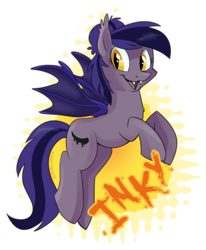 Size: 660x800 | Tagged: safe, artist:spainfischer, oc, oc only, oc:inky, bat pony, pony, badge, con badge, fangs, hair bun, solo