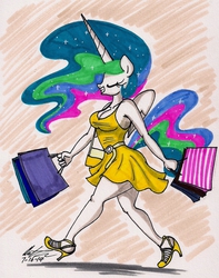 Size: 1280x1624 | Tagged: safe, artist:newyorkx3, princess celestia, anthro, plantigrade anthro, g4, breasts, busty princess celestia, cleavage, clothes, dress, female, high heels, shopping, solo, traditional art