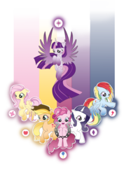 Size: 1024x1448 | Tagged: safe, artist:chii---chan, applejack, fluttershy, pinkie pie, rainbow dash, rarity, twilight sparkle, alicorn, pony, g4, elements of harmony, female, mane six, mare, twilight sparkle (alicorn)