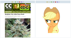 Size: 650x347 | Tagged: safe, artist:birdivizer, applejack, derpibooru, g4, exploitable meme, female, horse news, juxtaposition, juxtaposition win, looking around, marijuana, meme, meta, solo, suspicious