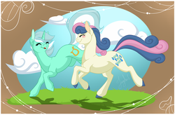 Size: 1065x700 | Tagged: safe, artist:jooughust, bon bon, lyra heartstrings, sweetie drops, earth pony, pony, unicorn, g4, ^^, cloud, cloudy, duo, eyes closed, female, grass, lesbian, open mouth, ship:lyrabon, shipping, sky, smiling