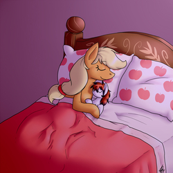 Size: 1280x1280 | Tagged: safe, artist:shikaro, applejack, oc, oc:twinwing, earth pony, pony, g4, bed, cuddling, female, mare, sleeping