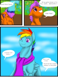 Size: 1200x1600 | Tagged: safe, artist:tristanjsolarez, rainbow dash, scootaloo, pegasus, pony, comic:trans ponies, g4, clothes, comic, duo, female, filly, low angle, male, rainbow blitz, rule 63, scarf, stallion, transgender