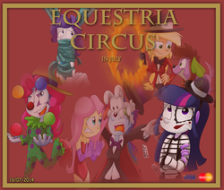 Size: 780x660 | Tagged: safe, artist:fj-c, applejack, fluttershy, pinkie pie, rainbow dash, rarity, spike, twilight sparkle, equestria girls, g4, circus, clown, flattershy, leotard, lion tamer, magician, mane seven, mane six, mime, unsexy bondage